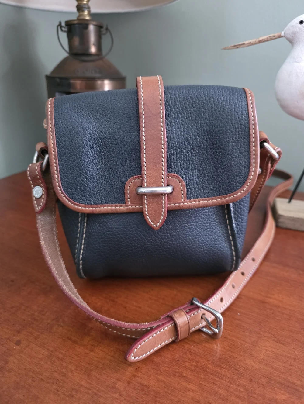 Dooney & Bourke Vintage Mini Flap Crossbody Navy Tan AWL Leather Bag